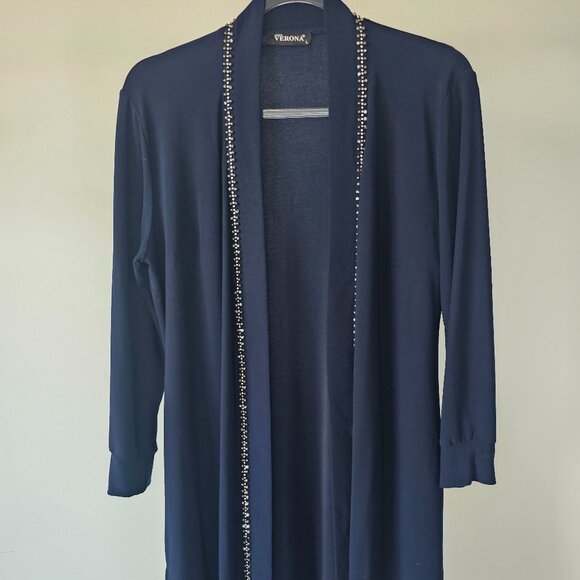 Moda VERONA Navy Stole-Like Long Sleeve Knit Sheath Overlay Dress Jacket w/Beads - Picture 1 of 7